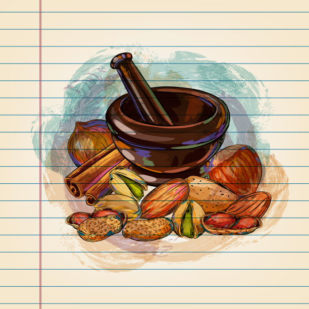 灰浆和坚果画在横格纸上图片下载