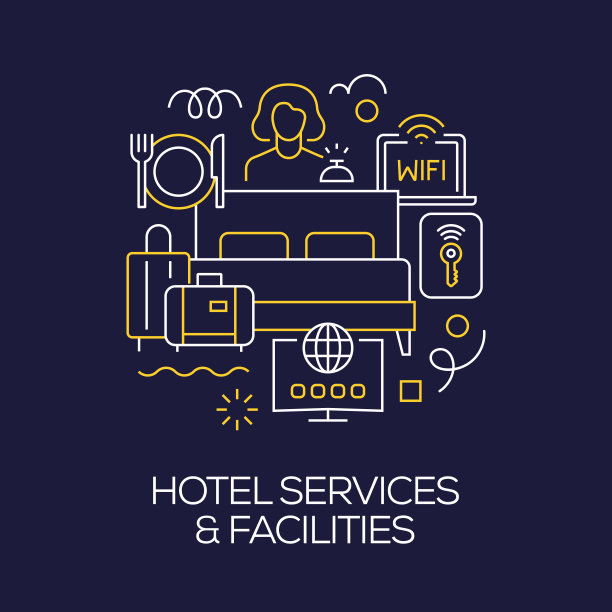 插图宾馆服务和设施概念的向量集。线条艺术风格背景设计网页，横幅，海报，打印等。矢量插图。图片下载
