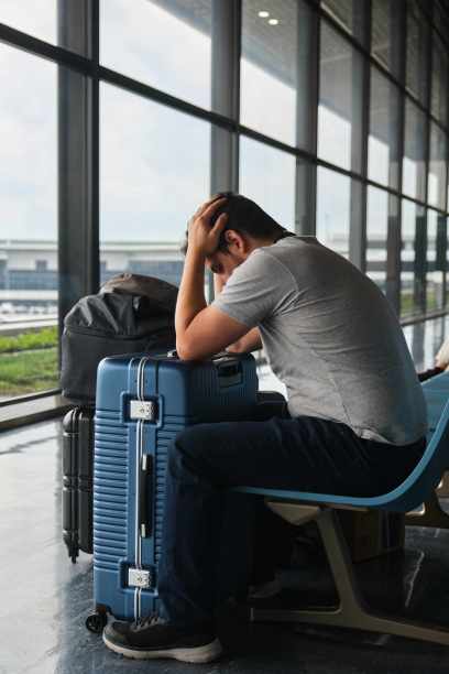 一个绝望的人在机场，因为航班延误而心烦意乱。图片下载
