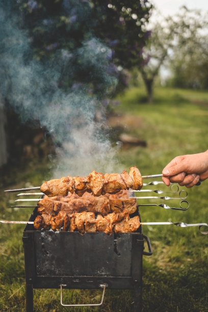 白天，一名男子在后院用手烧烤熏猪肉。家庭聚餐户外式烧烤活动图片下载