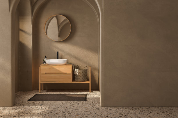 米色浴室内饰，木制梳妆台，浴缸，水磨石地板。三维渲染图片下载