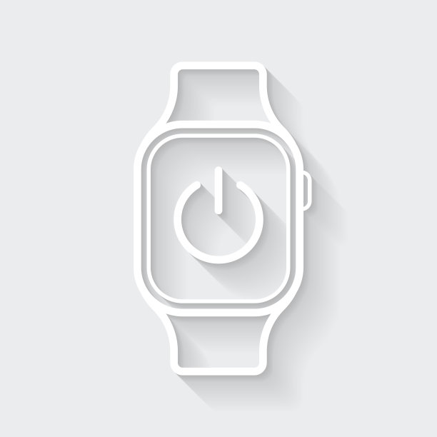 带电源按钮的智能手表。图标与空白背景上的长阴影-平面设计图片下载
