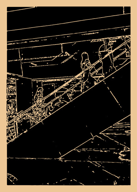 艺术木刻风格的商业场景，人们在商场乘坐电梯图片下载