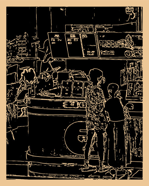 艺术木刻风格的零售商业场景，年轻女子在餐厅排队等候图片下载