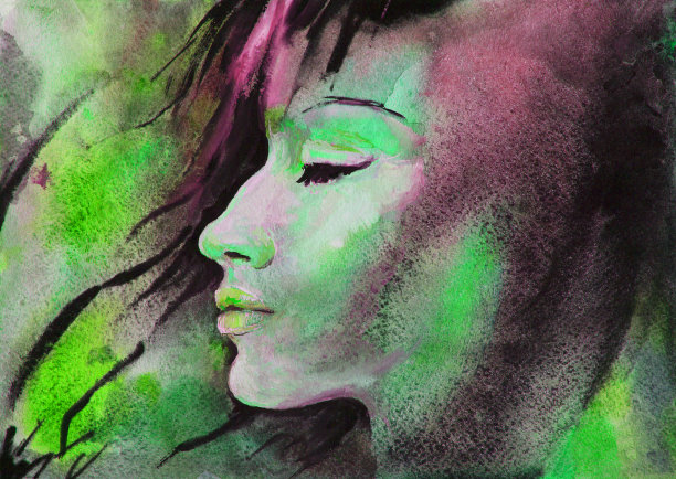 插图水彩肖像的年轻女子在侧面与长头发在风中绿色调图片下载