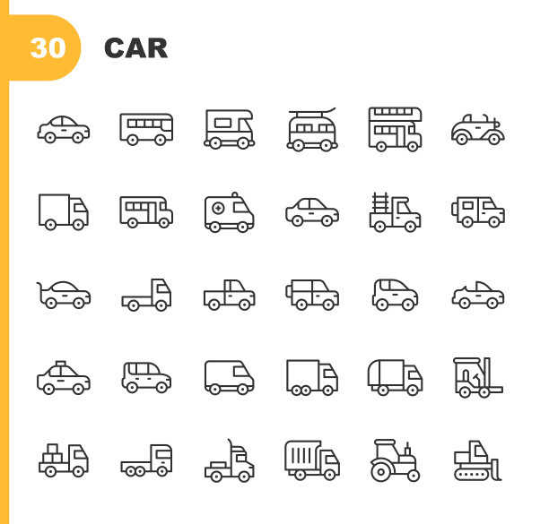 汽车线路图标。可编辑的中风。包含诸如救护车，汽车，公共汽车，汽车，驱动，电动汽车，发动机，混合动力，工业，物流，豪华，比赛，赛车，道路，轿车，出租车，拖拉机，交通，运输，旅行，卡车，面包车，车辆，车轮等图标。图片下载