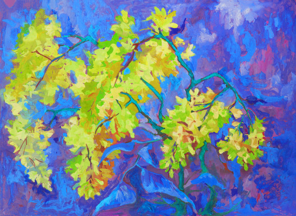 插图油画水平风景灌木丁香在蓝色图片下载