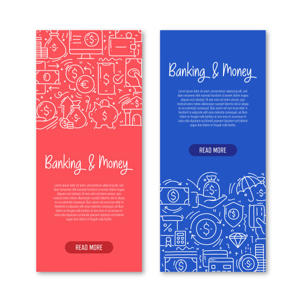 银行和货币相关的对象和元素。手绘矢量涂鸦插图集合。横幅模板与不同的银行和货币对象图片下载