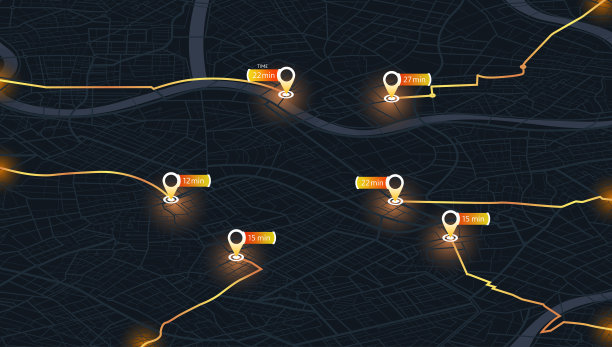 等距地图城市与gps针。用于导航的方向标记。街道，道路，公园。目的地沿着路径指针唱歌。矢量，黑色背景。视觉震撼的构图线条图片下载