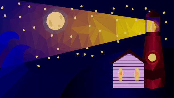 低多边形矢量插图-灯塔在夜晚照亮波浪。图片下载