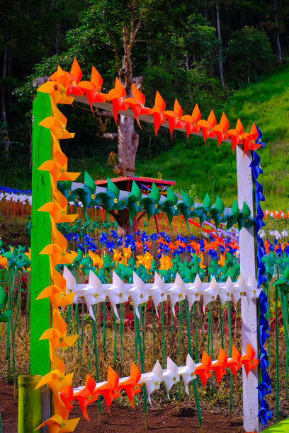 五颜六色的风车玩具，挂在架子上图片下载