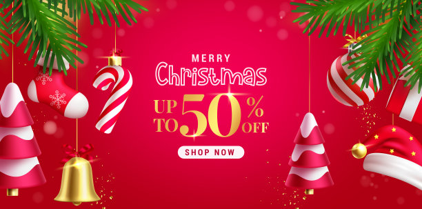 圣诞节销售文本矢量横幅设计。圣诞快乐，新年快乐，有圣诞元素的折扣优惠图片下载