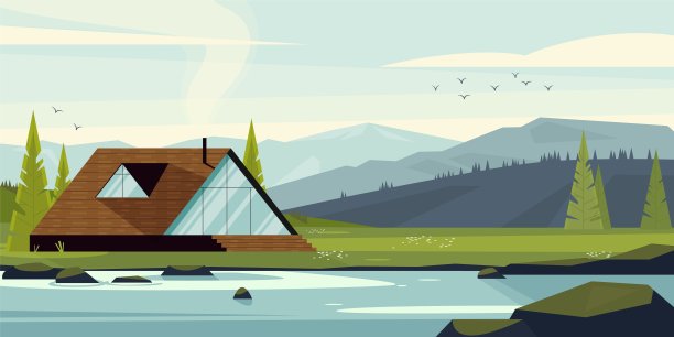 森林景观中的现代住宅。森林中的卡通小屋，公园和湖泊中的a形框架，带小屋和船的乡村小屋。向量景观图片下载