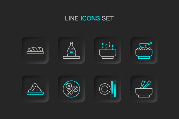 碗里装亚洲面，餐筷配餐盘，馄饨，米饭，拉面汤，清酒和鱼排图标。向量图片下载