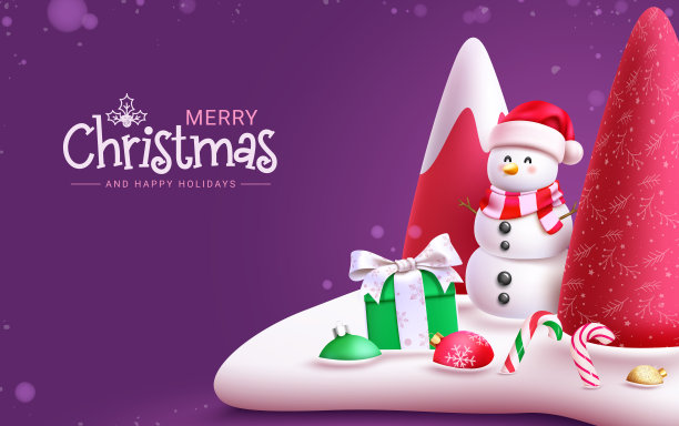 圣诞快乐的文字矢量设计。圣诞雪人人物用冷杉树和圣诞礼盒装饰图片下载