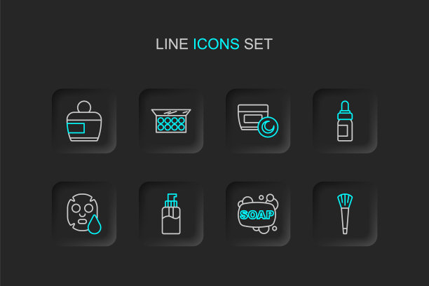 套装线化妆刷，香皂，瓶装液体，面膜，精油瓶，面霜或乳液管，带有镜子和图标的粉末。向量图片下载