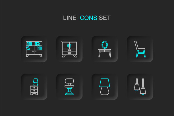 集线图书馆书架，台灯，办公椅，家具床头柜，椅子，梳妆台，抽屉柜和图标。向量图片下载