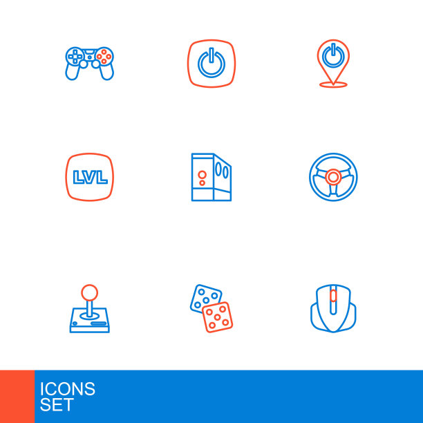 设置线电脑鼠标，游戏骰子，游戏机操纵杆，赛车模拟器，水平游戏，电脑的情况下，电源按钮和图标。向量图片下载