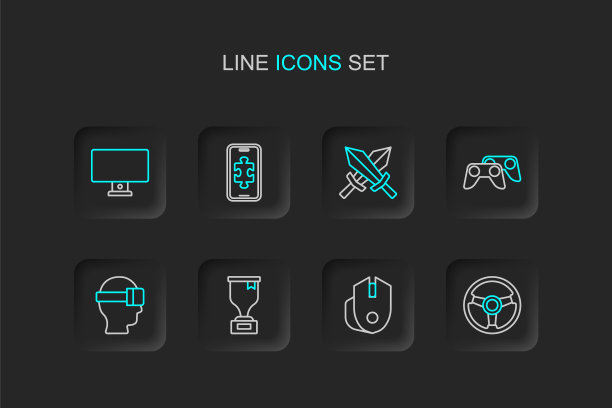 产品系列:赛车模拟器，电脑鼠标，奖杯，虚拟现实眼镜，游戏控制器操纵杆，游戏剑，手机游戏和显示器图标。向量图片下载