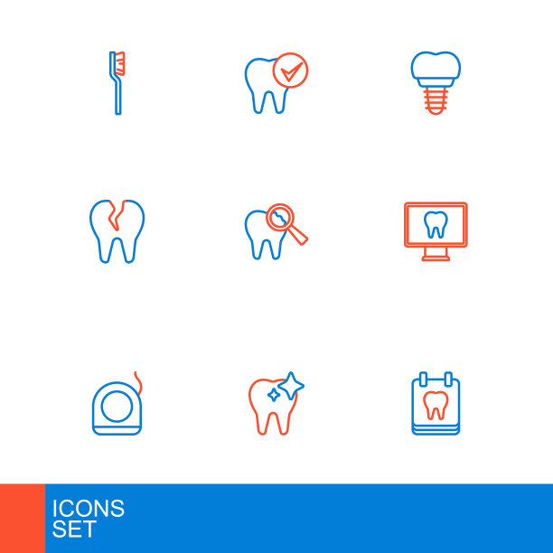 设置线日历与牙齿，牙齿美白，牙线，在线牙科护理，打破，种植和图标。向量图片下载