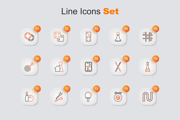 设置线棋盘游戏，游戏骰子，球拍，镖箭，保龄球和球，国际象棋，交叉台球线索和空气曲棍球表图标。向量图片下载