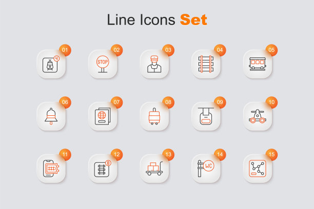 铁路地图，厕所，电车行李箱，网上订票，缆车运输，电缆和行李箱图标。向量图片下载