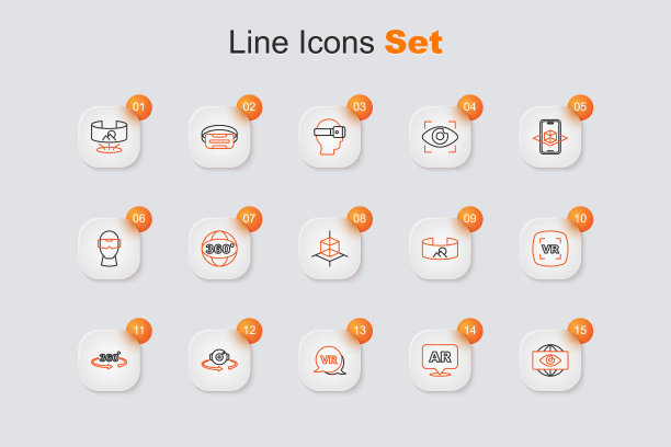 设置线大哥电子眼，增强现实AR，虚拟，360度视图，和3d建模图标。向量图片下载