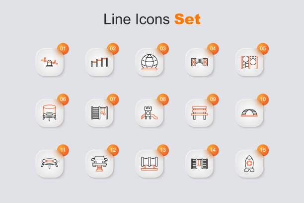 集线火箭船玩具，瑞典墙，儿童游乐场滑管，秋千车，跳跃蹦床，猴子酒吧，长凳和幻灯片图标。向量图片下载