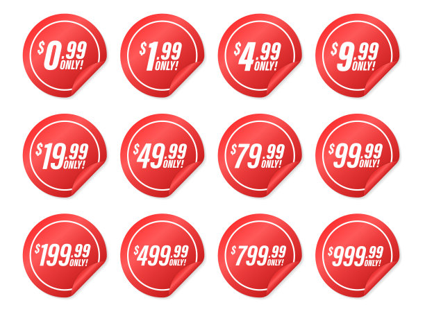折扣价格标签从0.99到999.99美元套装。特价优惠广告与价格优惠标签模板。省钱与清仓购买商店产品的价格标签。矢量图图片下载
