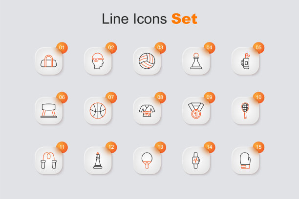 集线拳击手套，智能手表与心脏，球拍，国际象棋，跳绳，网球拍，奖牌和和服图标。向量图片下载