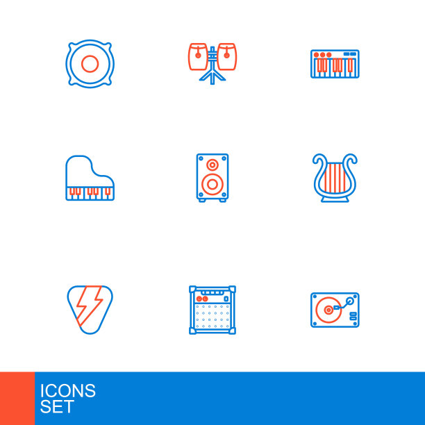 集线黑胶播放器与黑胶磁盘，吉他放大器，pick，古希腊七弦琴，三角钢琴，立体声扬声器，音乐合成器和康加鼓图标。向量图片下载