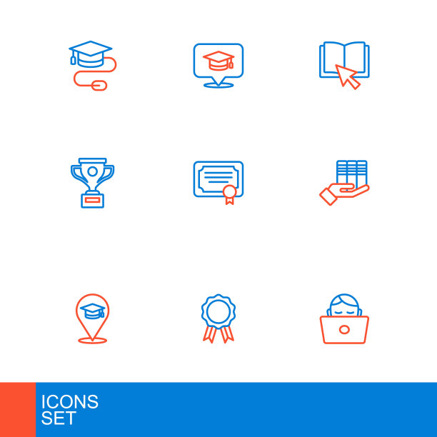 学生在笔记本电脑上工作，在线教育与文凭，图书捐赠，奖杯，证书模板，书籍和毕业帽演讲气泡图标。向量图片下载