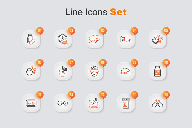固定线安眠药，枕头，隐形眼镜容器，耳塞与存储盒，帽子和眼睛睡眠眼罩图标。向量图片下载