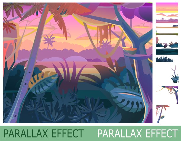 晚上丛林。景观与热带森林和棕榈树。一组幻灯片创建视差图像图层。卡通风格。孤立在白色背景上。向量。图片下载