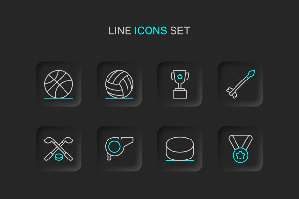 设置线奖章，冰球，哨子，冰球棒和，中世纪的箭头，奖杯，排球和篮球图标。向量图片下载