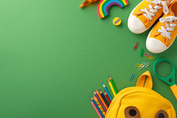 学术准备展示:自上而下的照片展示了绿色的背景和五颜六色的各种各样的学习用品，一个孩子的背包和运动鞋。适合添加文字或广告图片下载