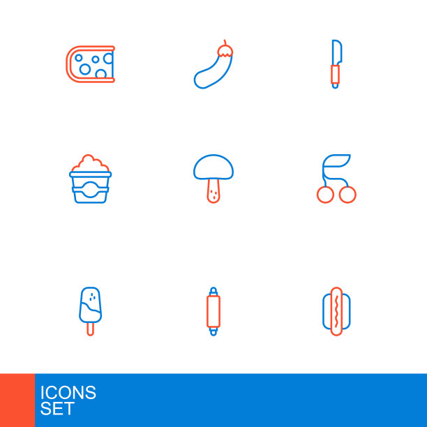 设置线热狗，擀面杖，冰淇淋，新鲜浆果，爆米花纸箱，蘑菇，刀和茄子图标。向量图片下载