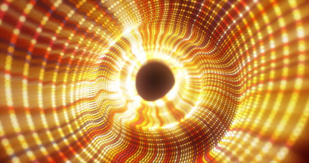 抽象的黄色能量隧道由粒子和高科技线条网格组成，具有发光的背景效果图片下载