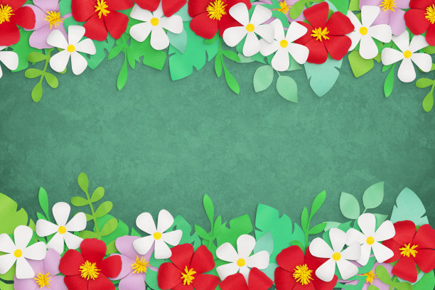 剪纸组成热带棕榈叶、丛林怪兽、香蕉叶、鲜花。手工制作的自然模型，绿色背景的夏季艺术收藏。俯视图，平铺，近距离，复制空间图片下载