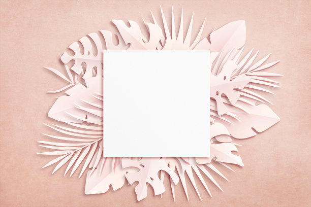 剪纸组成的热带棕榈叶，Monstera，香蕉，椰子叶和白色的方形水彩纸。自然模型，粉红色背景的夏季艺术。俯视图，近景，复制空间图片下载