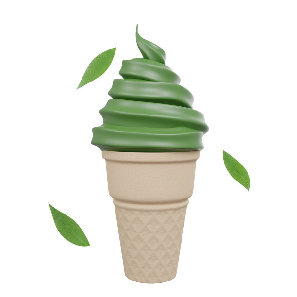 3d渲染绿茶软冰淇淋甜筒和绿茶叶子图片下载