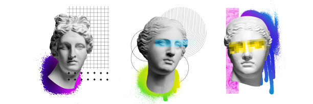 横幅。当代艺术拼贴与古董雕像半身像在白色的背景与抽象的元素。图片下载