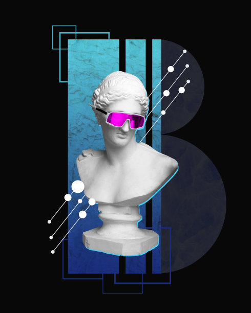 迪斯科舞会。古董雕像胸围在时尚的眼镜在黑暗模式的背景与抽象的元素。当代艺术拼贴。图片下载