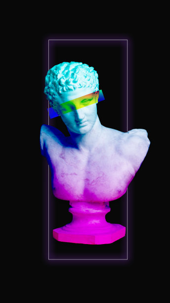 古董雕像胸围在时尚的眼镜在黑暗模式背景霓虹灯与抽象元素。当代艺术拼贴。图片下载