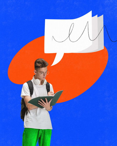 年轻人，有演讲泡沫的学生在黑板上做笔记，背景是明亮的彩绘。当代艺术拼贴。图片下载