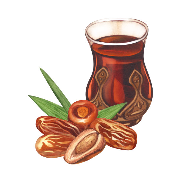 水彩画阿拉伯茶杯和干棕榈枣果。手绘插图孤立在白色背景。完美的伊斯兰庆祝日斋月，开斋节，阿拉伯式设计。图片下载