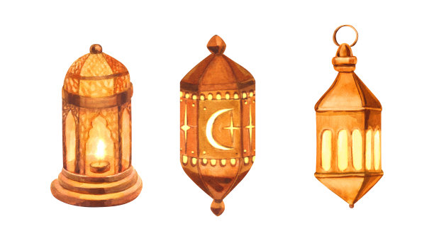 水彩集黄金灯灯笼与蜡烛和阿拉伯印花。手绘插图孤立在白色背景。为伊斯兰教庆祝节日斋月，开斋节，阿拉伯式设计。图片下载