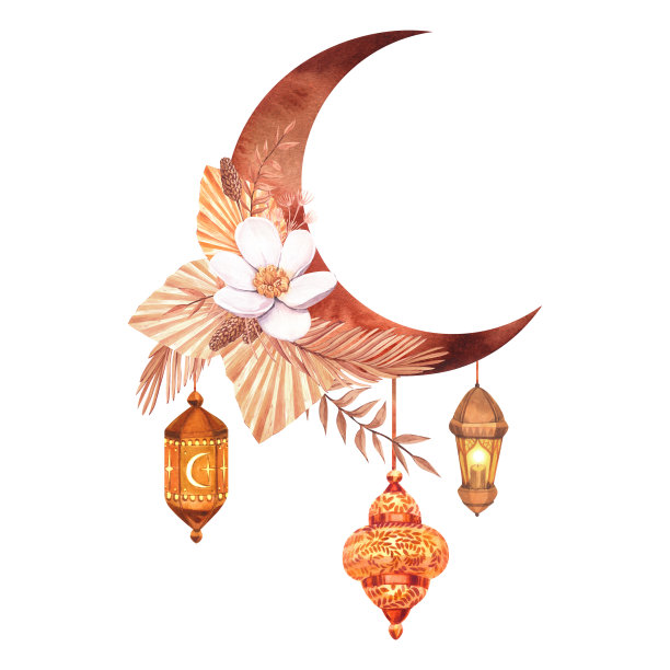 水彩金月，灯灯烛，干花。手绘插图孤立在白色背景。完美的伊斯兰庆祝日斋月卡里姆，开斋节，阿拉伯设计图片下载