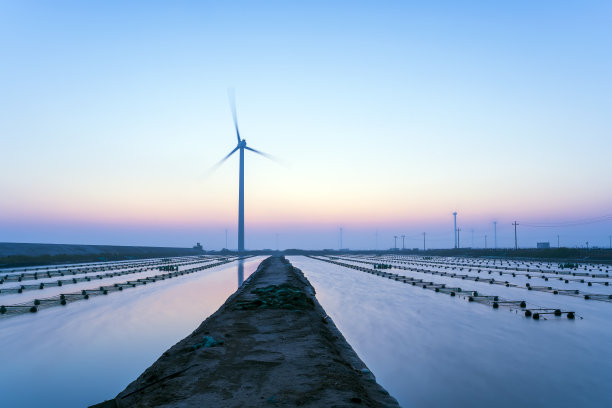 早晨的海边风力发电厂和海参农场图片下载