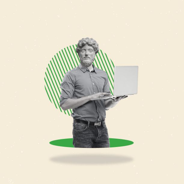 当代艺术拼贴画，一个人被一个雕像的头和一台笔记本电脑。图片下载